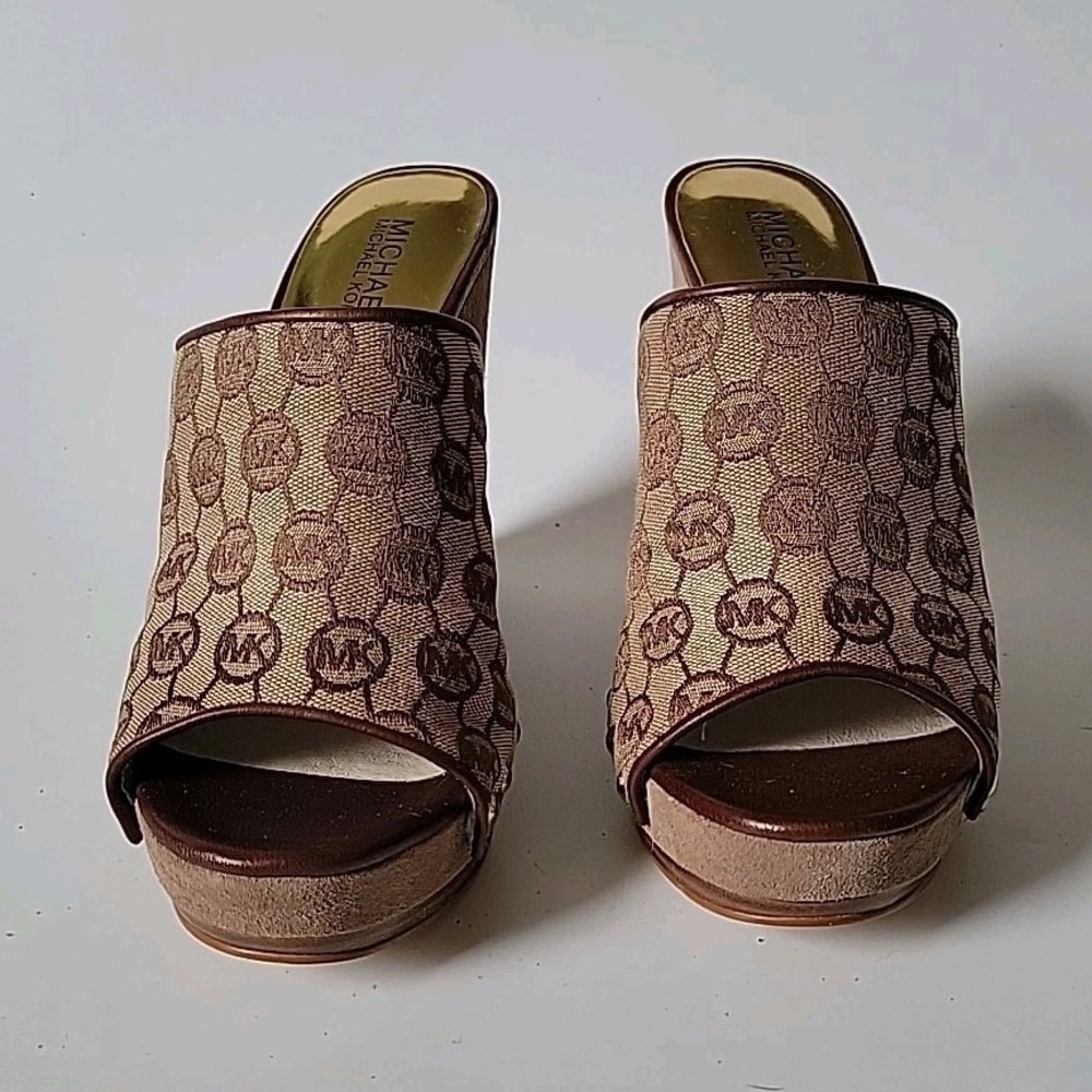 Michael Kors Belinda Open Toe Mules 9M Logo Canvas Suede Leather Platform Wedge - Picture 2 of 15